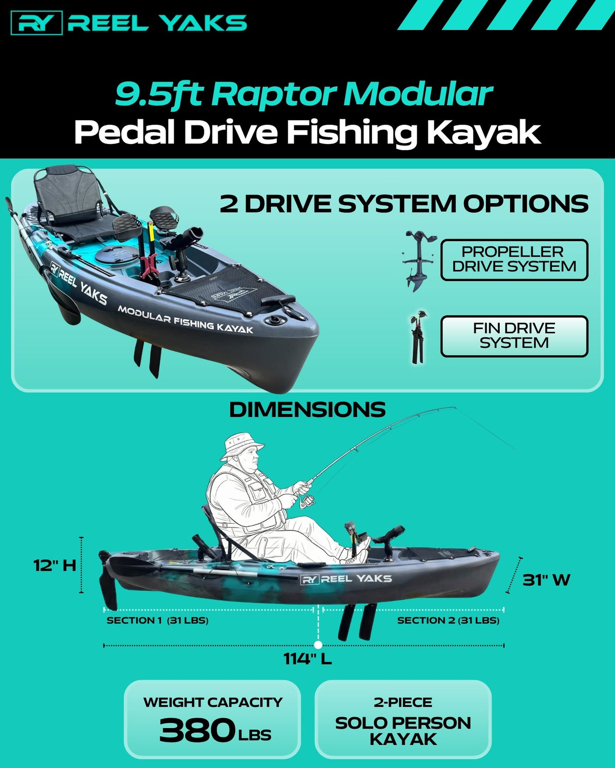 Raptor 9.5ft Fin Drive Modular Fishing Kayak