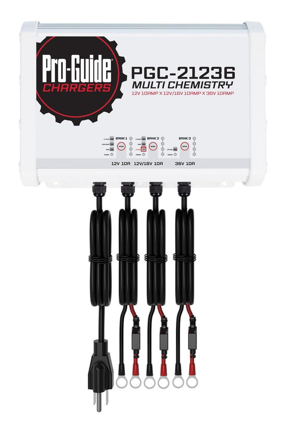 Pro-Guide PGC-21236 3-Bank 1x12V/10A Lead Acid/LiFePO4, 1x 12V/16V/10A AGM/LiFePO4 and 1x36V 10A LiFePO4 On Board Charger, IP68